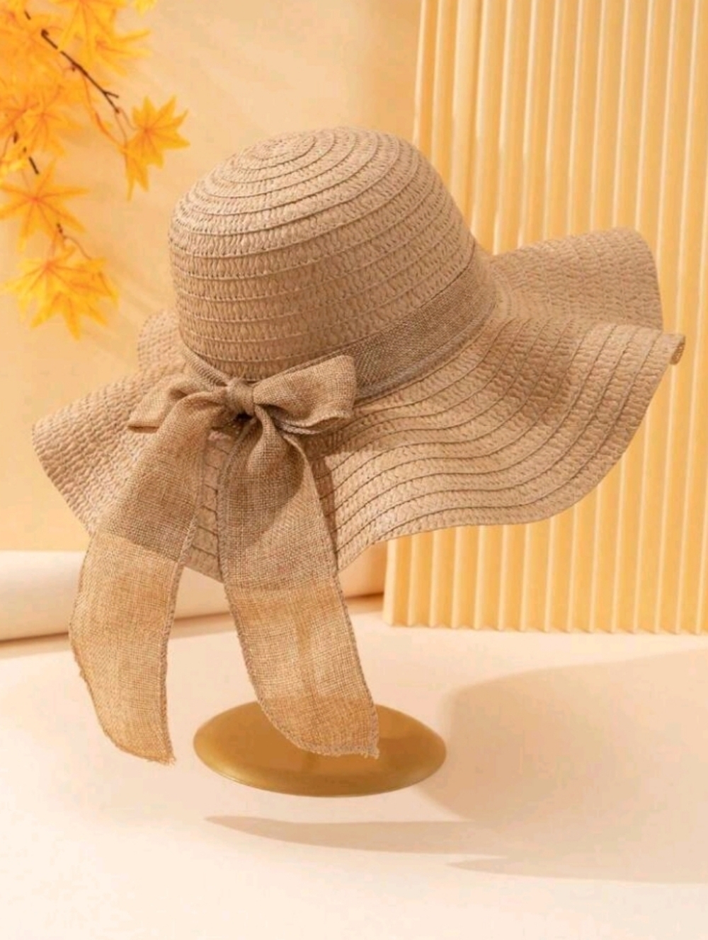 Khaki Raffia Woven Wide Brim Foldable Sun Hat with Bow